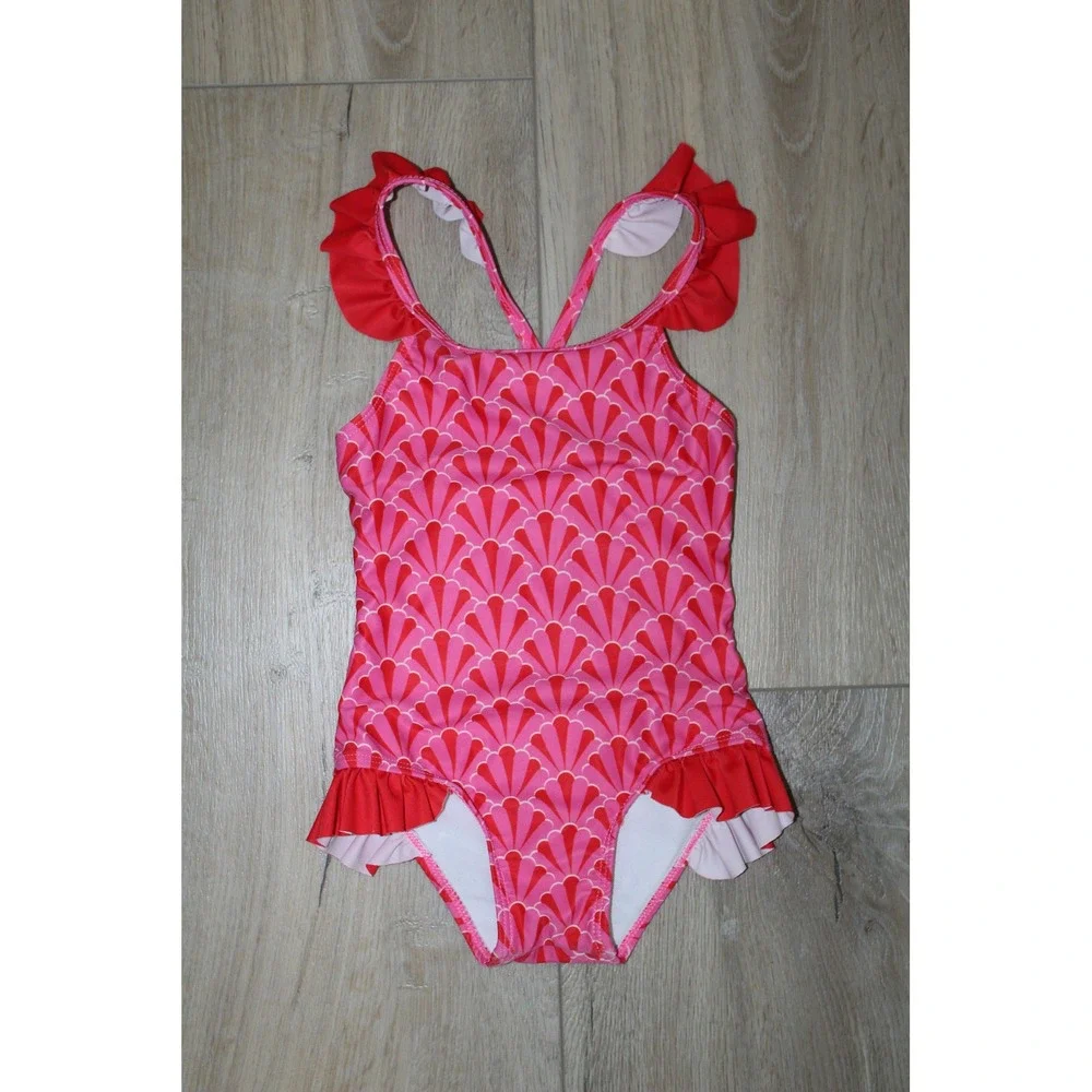 The Oaks Apparel Company Girls Pink Red Seashell Ruffle One‎ Piece Swimsuit 4Y
